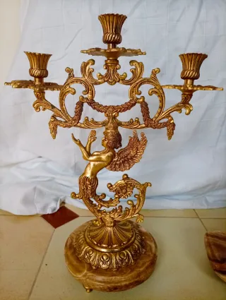 Reloj y 2 Candelabros Antiguos Bronce