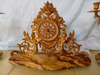 Reloj y 2 Candelabros Antiguos Bronce
