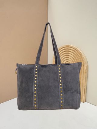 Bolso de mano de piel auténtica italiana gris 0702