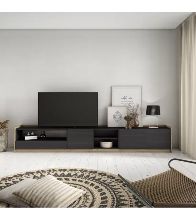Gran mueble salón TV de diseño negro y roble