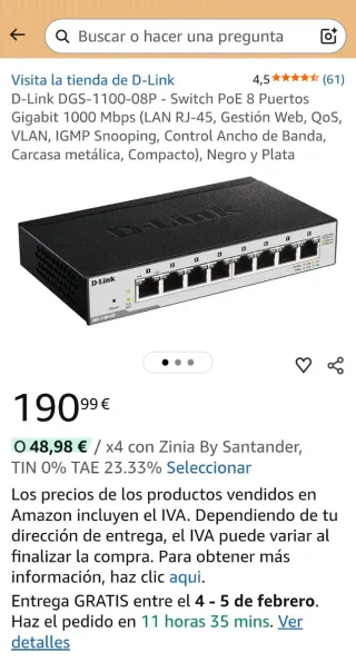 Switch PoE D-Link 8 Puertos Gigabit 1000 Mbps
