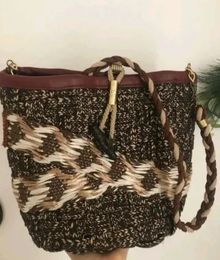 Borsa secchiello vintage marrone e beige