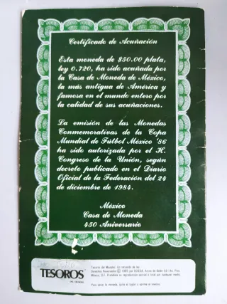Moneda 50 Pesos Mexicanos Mundial 86 en Plata 720