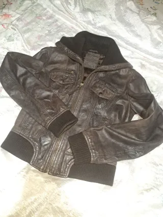 Cazadora Biker Piel Genuina Marrón