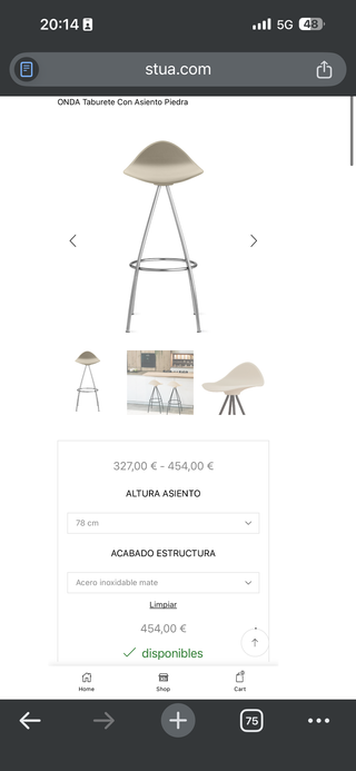 Taburete Stua Onda Visón, blanco y acero inox mate