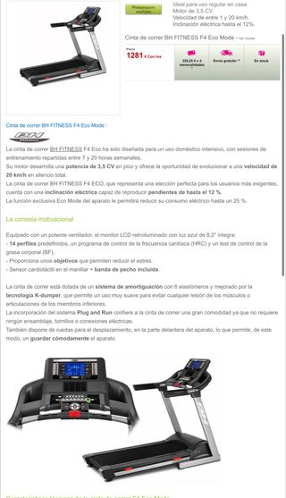 Cinta de Correr BH FITNESS F4 Eco Mode