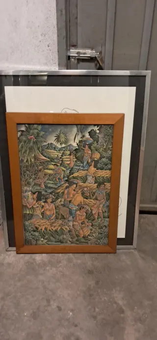 Quadro con scena di vita rurale batik