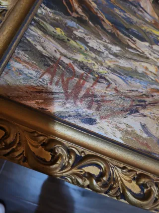 Cuadro antiguo paisaje de óleo y lienzo