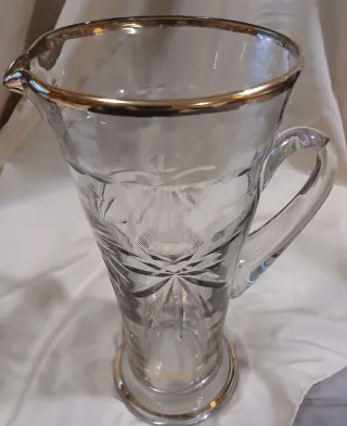 Jarra Cristal Tallado Borde Dorado Años 60