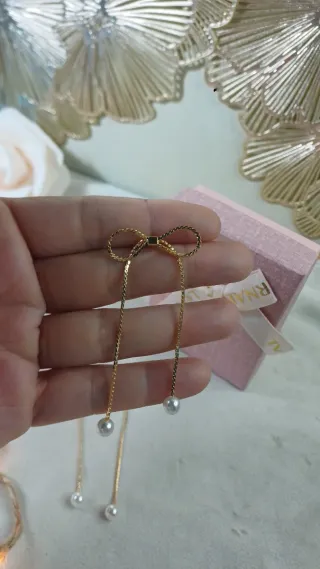 Pendientes Lazo y Perlas Chapado Oro 18k