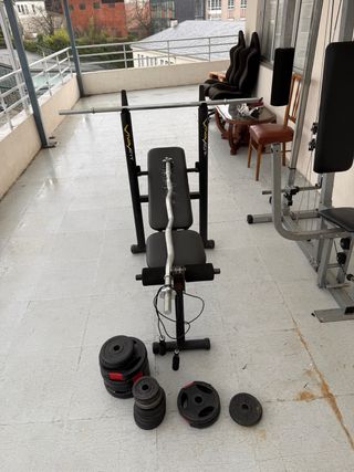 Lote de gimnasio: banco, barras, pesas, multipower