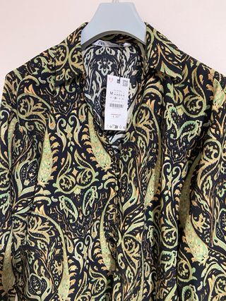 Camisa Zara Estampada Verde Negra Talla M