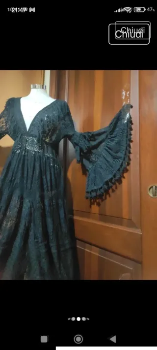 Abito nero pizzo macramè frange con sottoveste ner