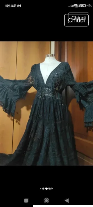 Abito nero pizzo macramè frange con sottoveste ner