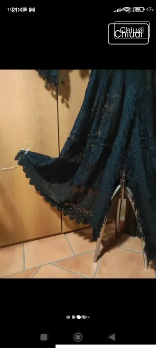 Abito nero pizzo macramè frange con sottoveste ner