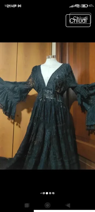 Abito nero pizzo macramè frange con sottoveste ner