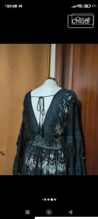 Abito nero pizzo macramè frange con sottoveste ner
