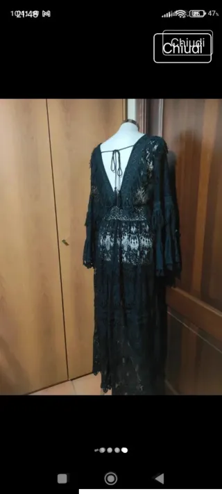 Abito nero pizzo macramè frange con sottoveste ner
