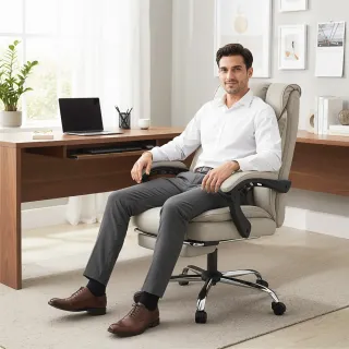 Silla de Oficina Ergonómica Beige con Reposapiés