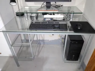 Mesa de PC de Cristal y Metal+ Elevador de cristal