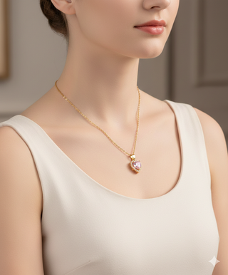 Collar Corazón Cristal Rosa Baño Oro