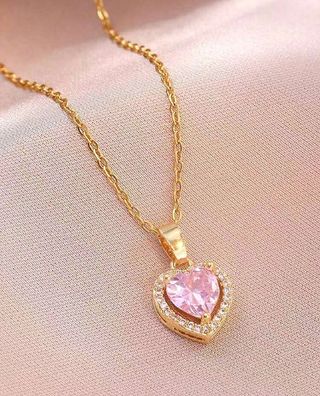 Collar Corazón Cristal Rosa Baño Oro