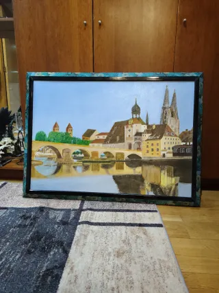 Cuadro Óleo Pueblo sobre Tabla