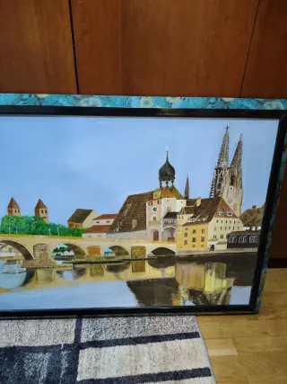 Cuadro Óleo Pueblo sobre Tabla