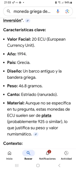 Moneda Griega 20 ECU 1994 Plata .925