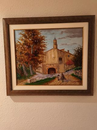 Cuadro al óleo paisaje con iglesia
