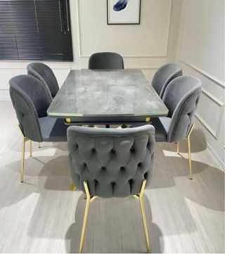 Mesa y 6 Sillas Comedor Terciopelo Gris