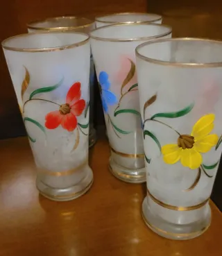 Juego vasos cristal vintage pintados mano