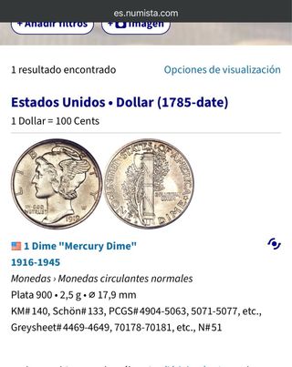 Moneda Plata Mercury Dime 1944