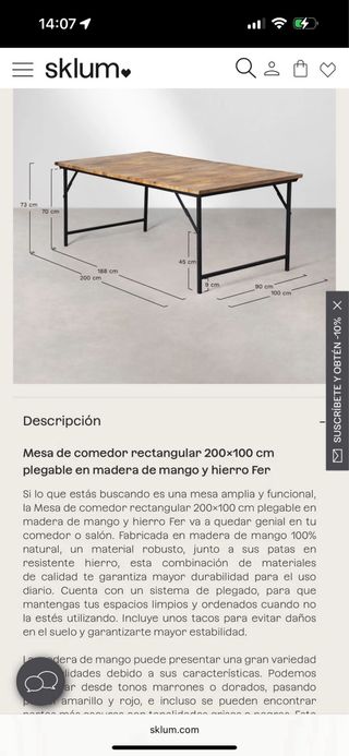 Mesa de Comedor de Madera de Mango 200x100