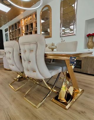 Mesa y 4 Sillas Comedor Lujo Doradas