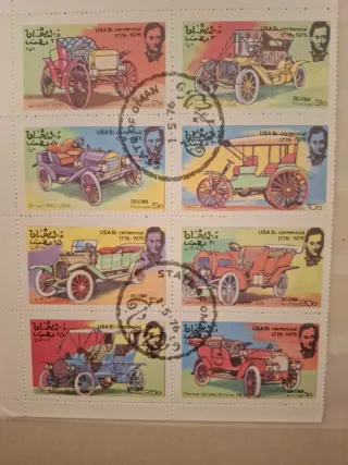 Sellos Oman: Bicentenaria USA Vehículos Clásicos