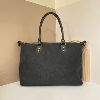 Bolso Lona Negro Asas Piel Marrón 0902