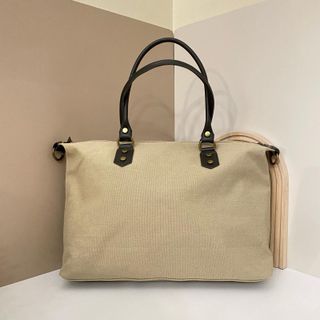 Bolso Lona Grande Asas Piel Marrón Beige 0905