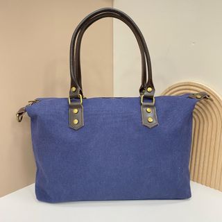 Bolso Lona Azul Grande Asas Piel Marrón 0906