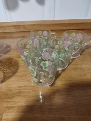 Juego de 5 tazas de cristal con flores y 3 boles