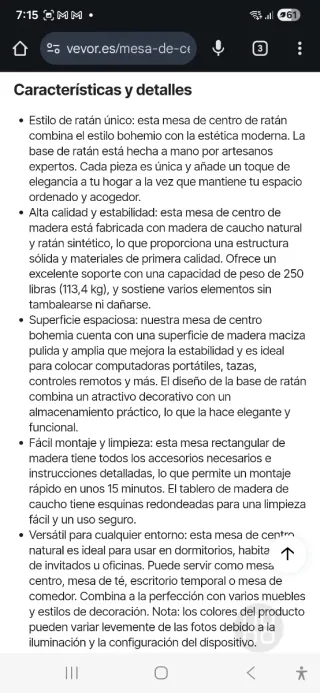 Mesa Vevor Madera caucho natural y Ratán pvp 179€