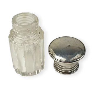 Cajita y bote antiguos de cristal y plata para tocador