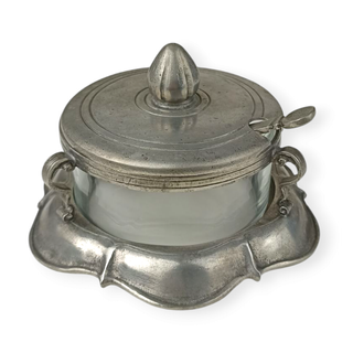 Conjunto de bandeja, jarra y azucarero antiguo de peltre