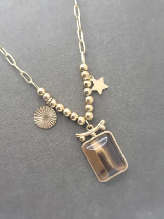 Colgante Ojo de Tigre Rectangular Dorado