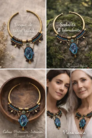 Collar Macramé Piedra Azul y Dorado
