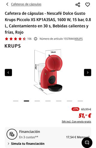 Cafetera Dolce Gusto Piccolo XS + 60 cápsulas