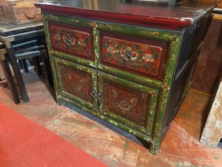 Espectacular Mueble Tibetano Antiguo Pintado Mano