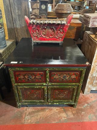 Espectacular Mueble Tibetano Antiguo Pintado Mano