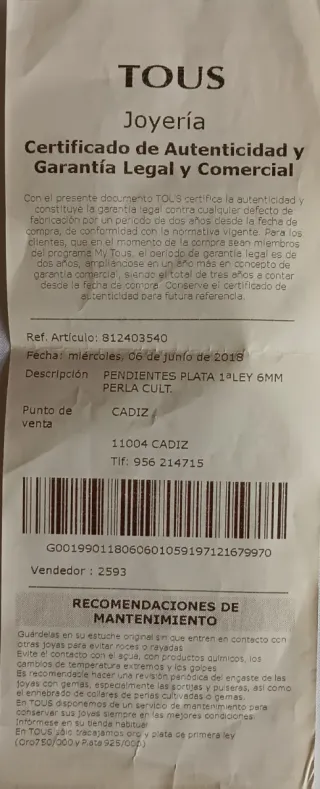 Pendientes Oso Tous Plata y Perla Cultivada 6mm