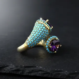 Anillo Boho Dorado Turquesa Amatista Ajustable